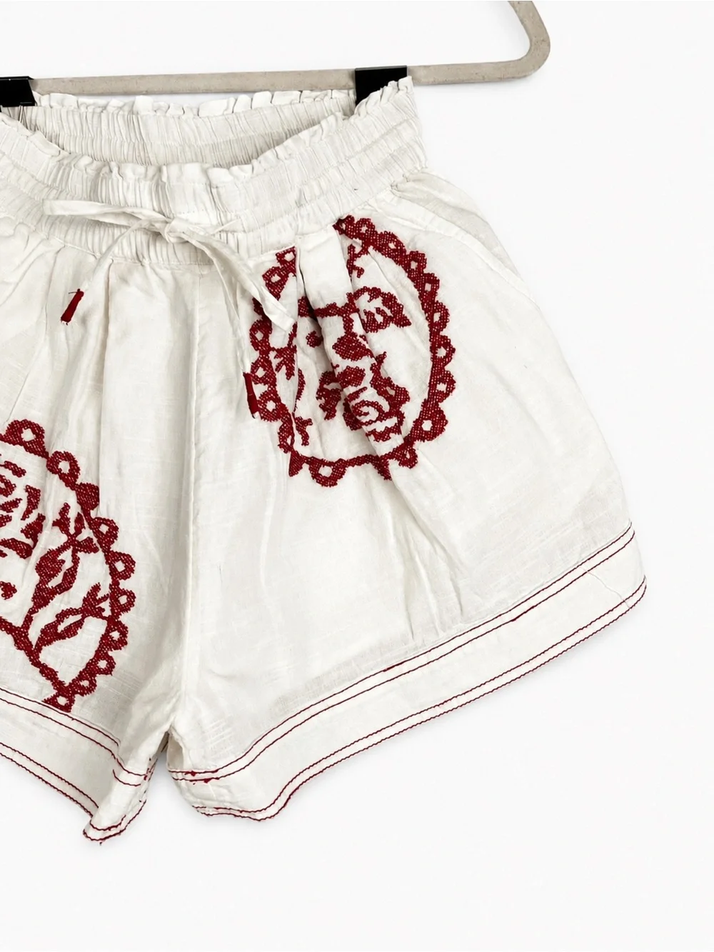 Free People White Linen Floral Embroidered Boho Shorts Women's Size XS